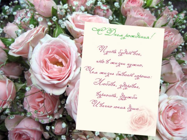 Открытка с поздравлением на фоне роз