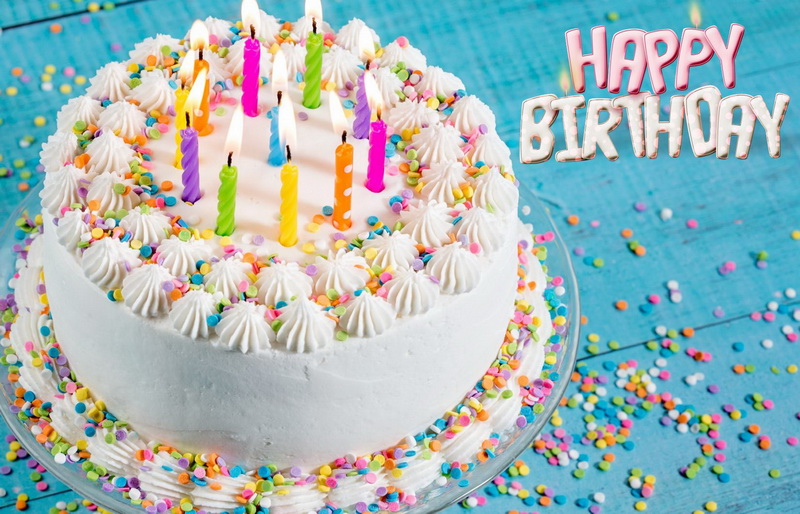Картинка с тортом на английском языке - Поздравление Happy Birthday, большой торт со свечами