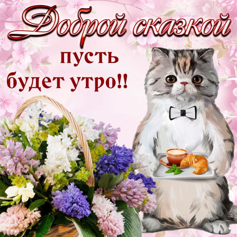Открытка с пушистым котиком и цветами